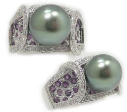 Tahitian Pearl Ring With Diamonds and Amethysts