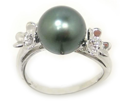 Tahitian Pearl Ring With Pave' Diamond Flowers