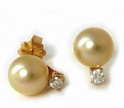 Golden South Sea Pearl Stud Earrings with Diamonds