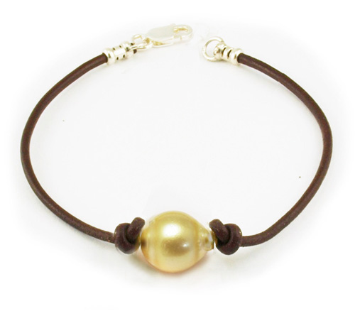  Gold Pearl on Leather Bracelet