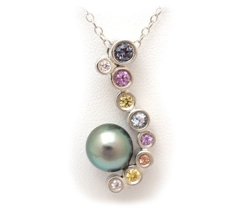 Multi Color Sapphire Tahitian Pearl Pendant