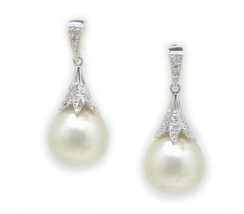 Vintage-Style South Sea Pearl Post Earrings, White South Sea Pearl ...