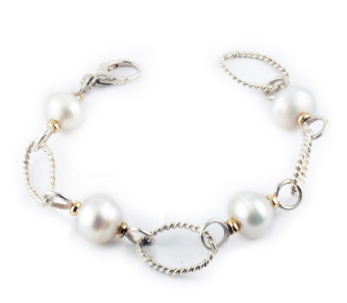 Sterling Silver & White South Sea Pearl Bracelet with 14k Yellow Gold ...